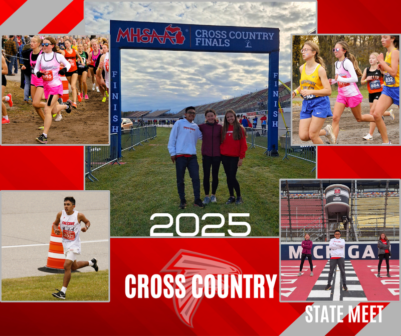 Cross Country runners at the state meet running and posed in group