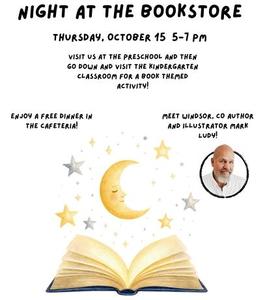 Flyer announcing literacy night with stars and a moon and a picture of a man smiling