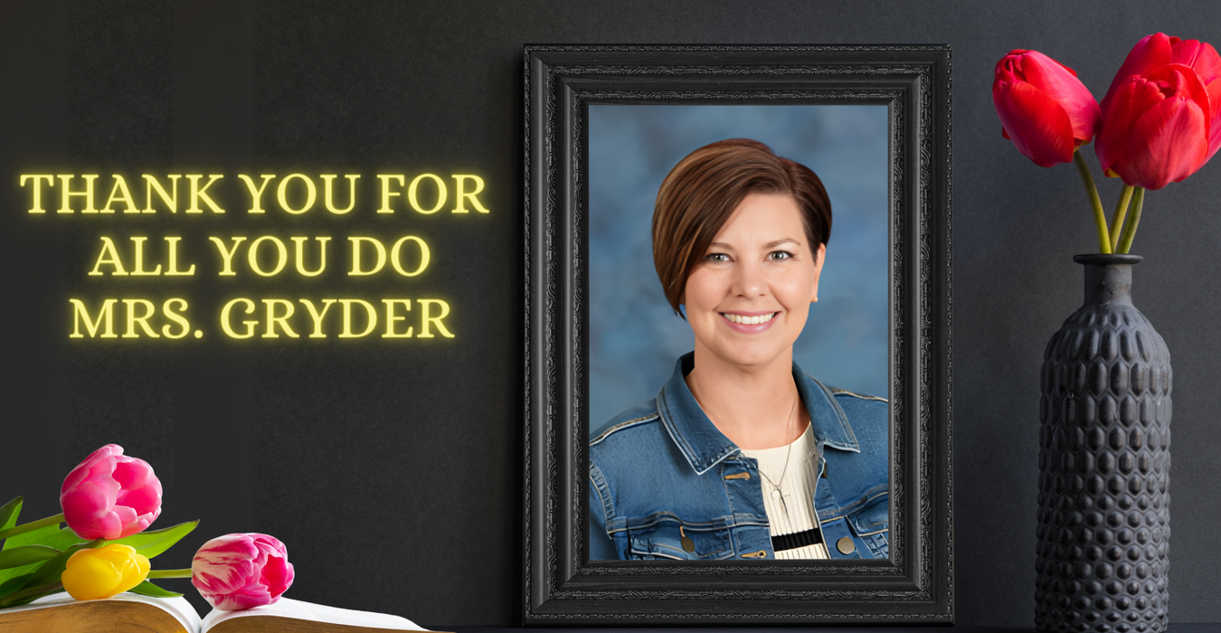 A framed portrait of a woman with a thank you message and decorative flowers.