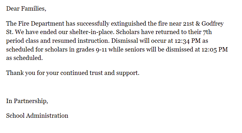 The Fire Department has successfully extinguished the fire near 21st & Godfrey St We have ended our shelter-in-place. Featured Photo