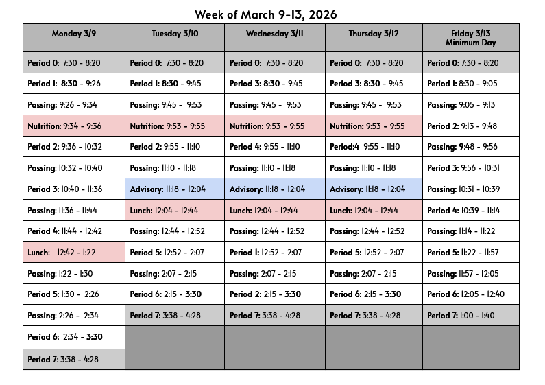 Bell Schedule for March 9
