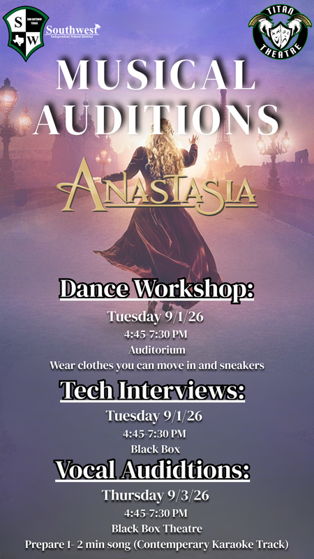 Audition announcement for 'Anastasia' with details on workshops and interviews.