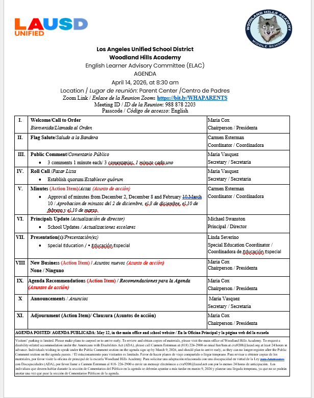 English Language Advisory Committee (ELAC) - April 14, 2026 at 8:30 am - Parent and Community Center Featured Photo