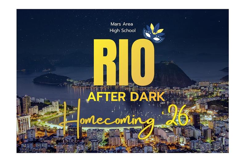 Promotional graphic for Mars Area High School Homecoming featuring a cityscape.
