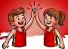 Two children in sports jerseys giving a high-five against a red background.