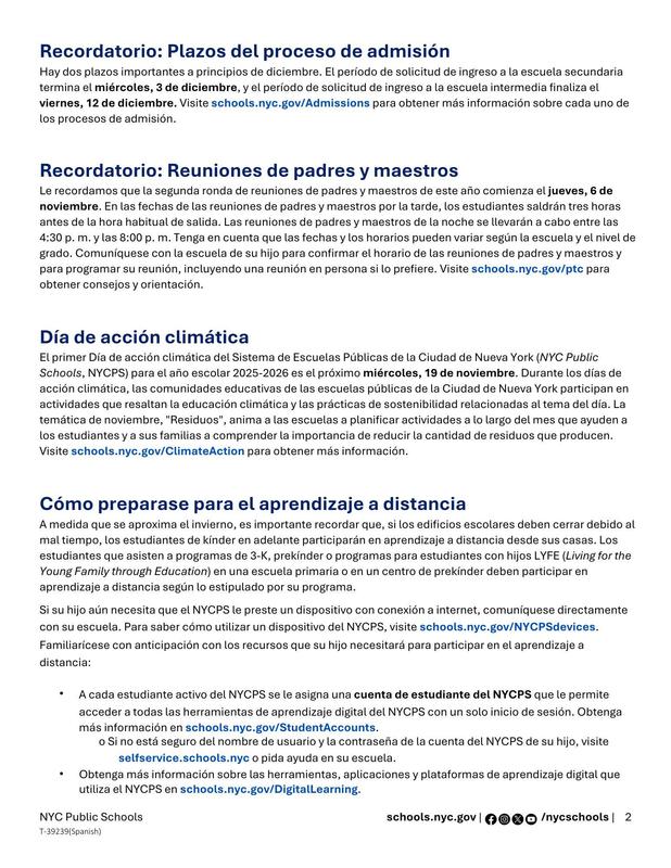 November Family News Update. Spanish 2