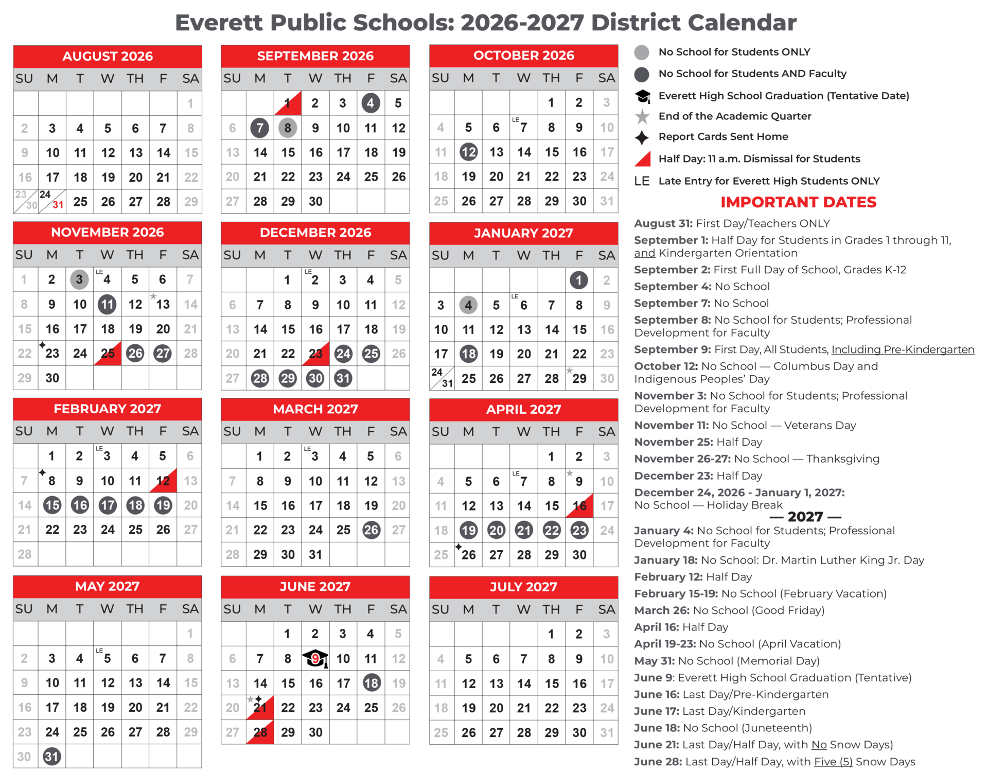 Black and red district calendar with important dates for Everett Public Schools.
