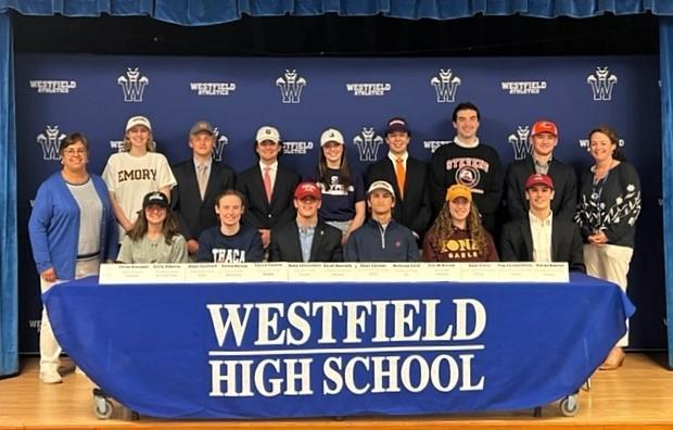 Sixteen Westfield High School student-athletes signed Letters of Intent with colleges and universities, signifying recognition of the seniors’ accomplishments both academically and athletically
