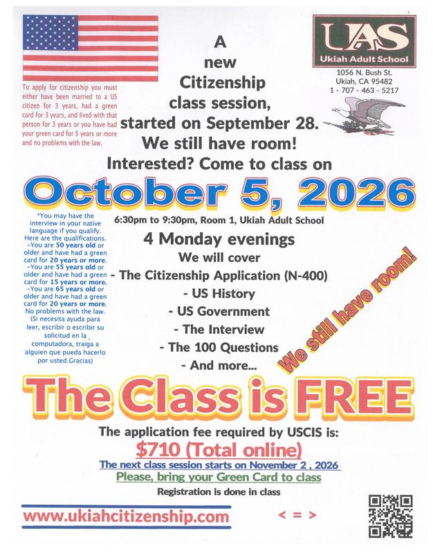 A new citizenship class started on September 28. we still have room! Interested? Come to class on Monday, October 5, at 6:30pm poster.