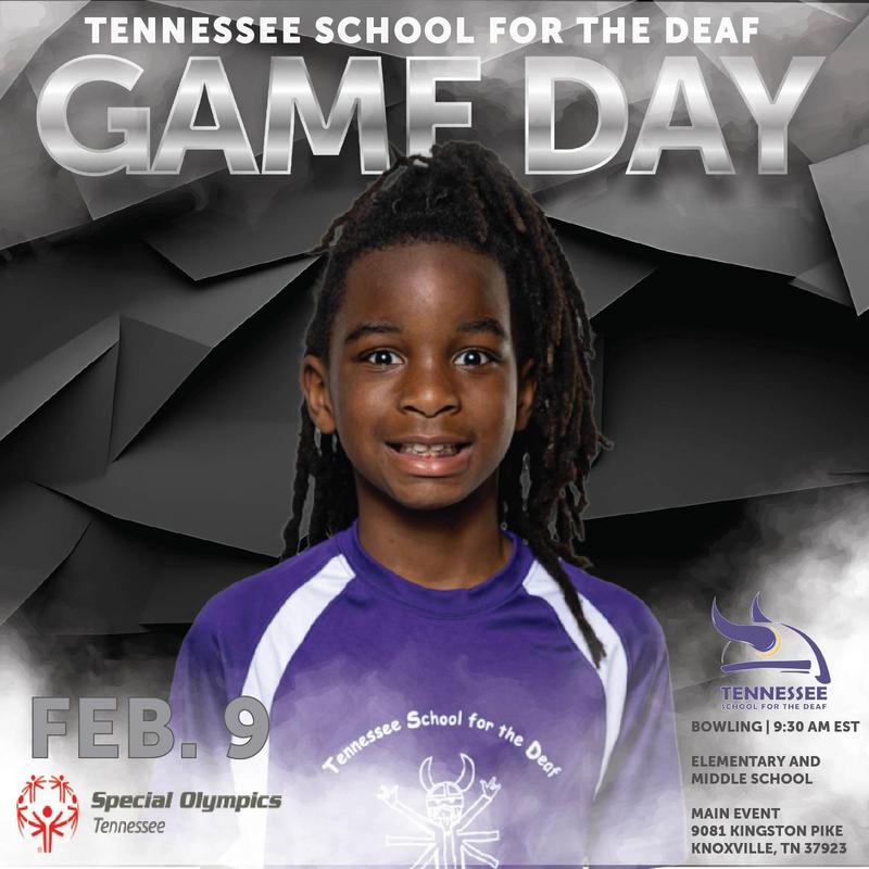Young boy smiling in a purple sports jersey, promoting Game Day for the Tennessee School for the Deaf.