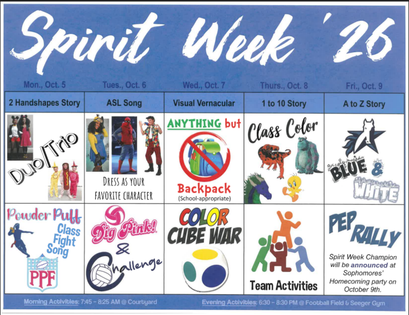 Spirit Week '26 schedule and details. Contains images of Mickey and Minnie Mouses duo, condiment trio, a girl holding football, a PPF logo, a women wearing minion, a Spiderman suit, a movie character, a pink volleyball, a white volleyball, a backpack with crossed out sign, a cube with colors on it, 4 class mascots, a graphic of four stick figures working together, and Rangers Logo