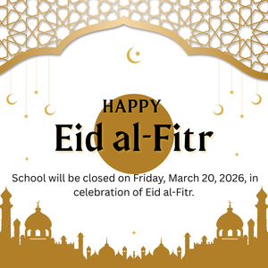 Greeting card for Eid al-Fitr with decorative elements and closure notice.