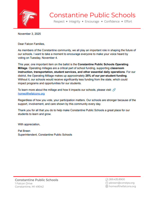 Operating Millage letter to families from Superintendent Breen