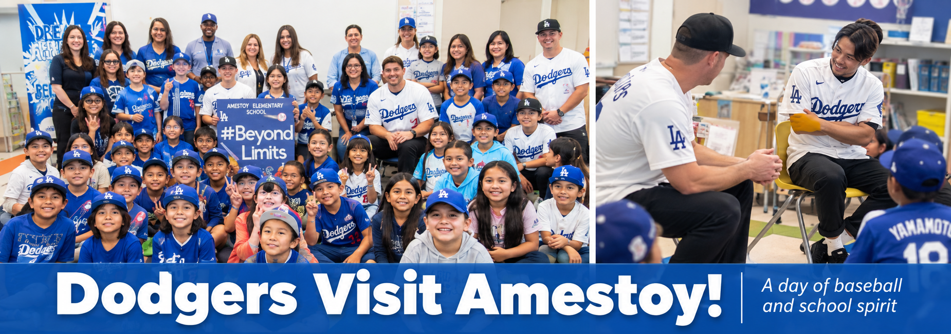 Dodgers guests meet with Amestoy students during a school visit.