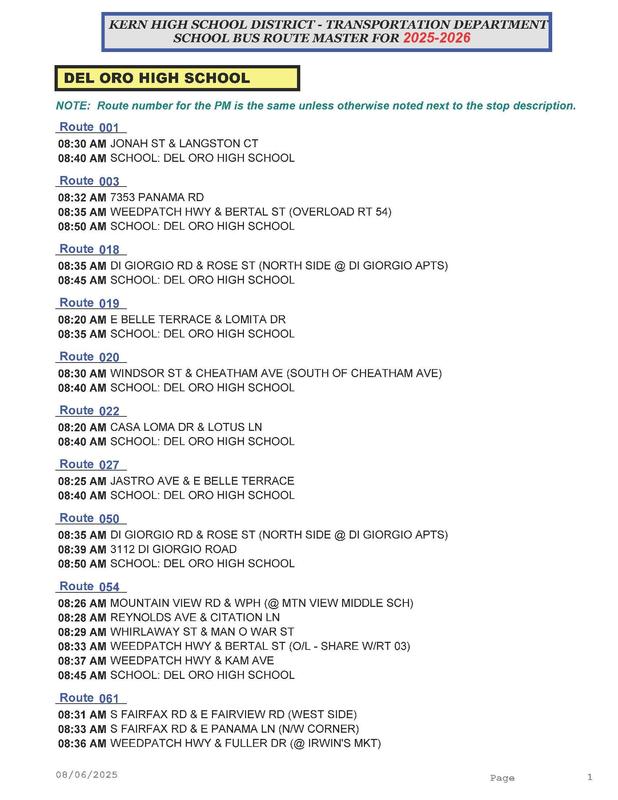 2025-26 Del Oro Bus Schedule