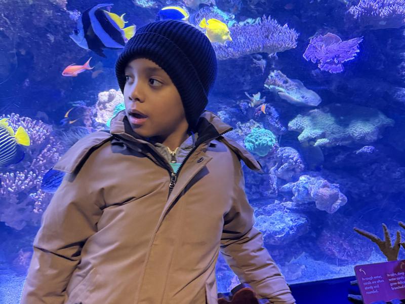 Student standing in front of aquarium