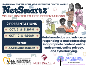 NetSmartz flyer of presentation dates:  October 9 at 5:30 PM and October 10 at 9:30 PM