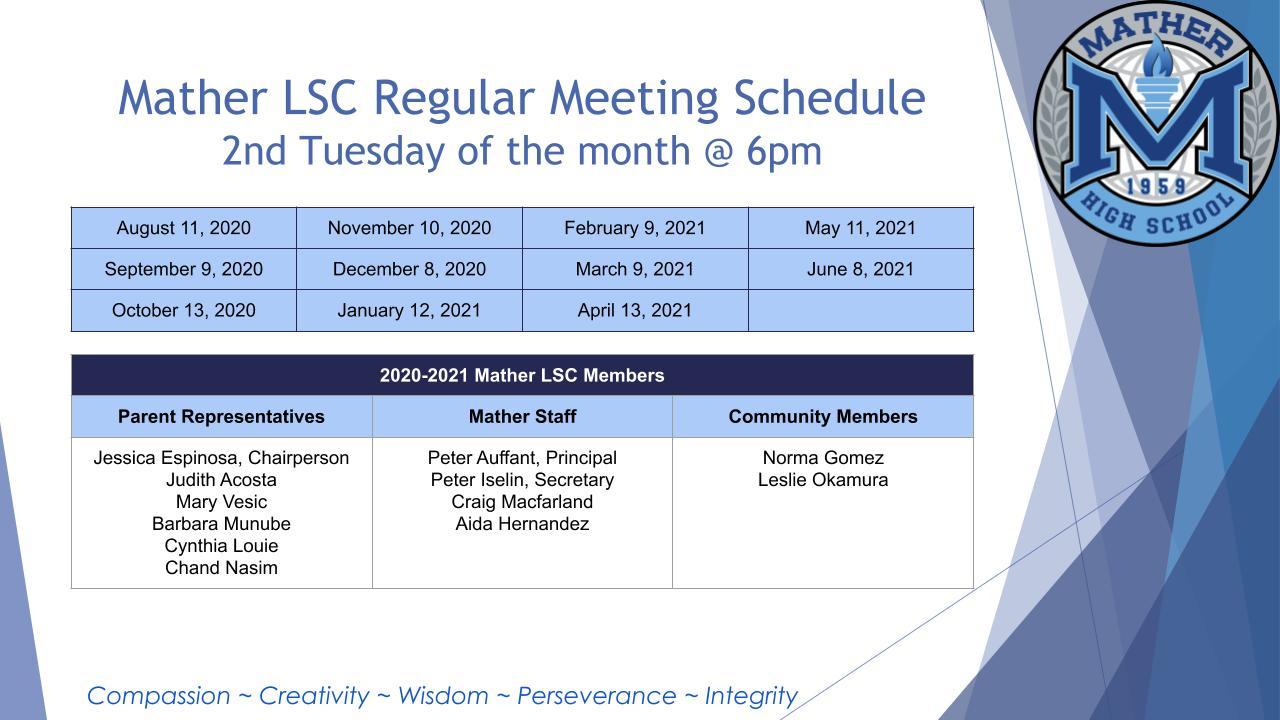 SY21 Mather LSC Meeting Agendas/Minutes LSC Mather High School