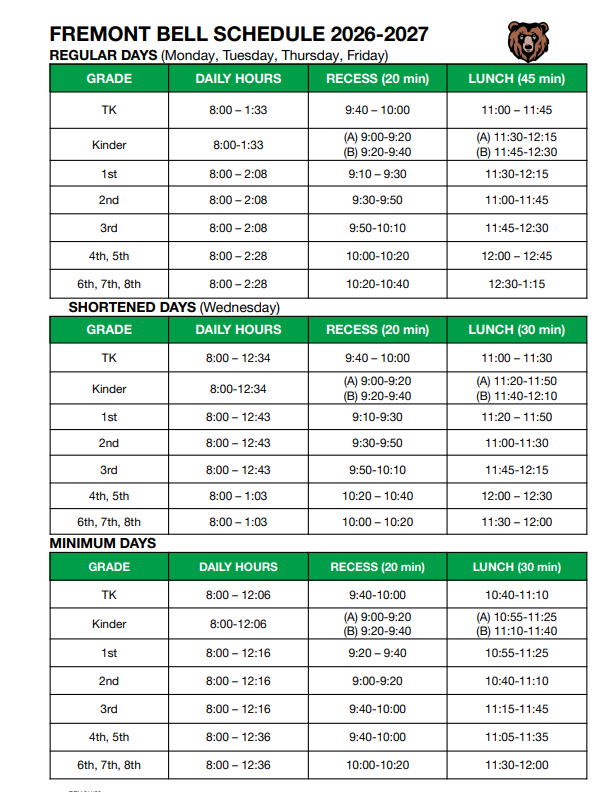 2026-2027 Fremont Bell Schedule Featured Photo