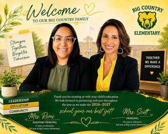Two women, part of the leadership team, welcome families to Big Country Elementary.