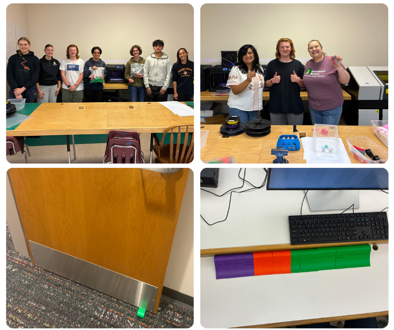 Shows door stops, students, and staff -- students make door stops