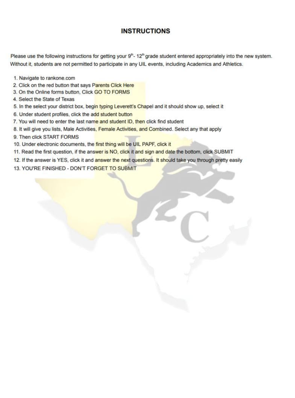 Instructions for parents on filling out the paperwork needed for UIL.