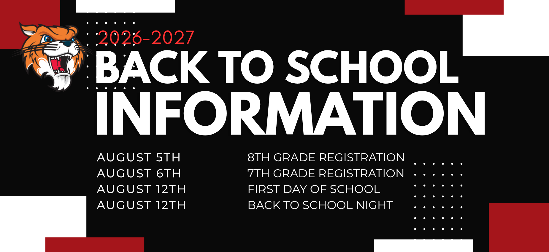 Back to school information with dates and registration details on a black background.