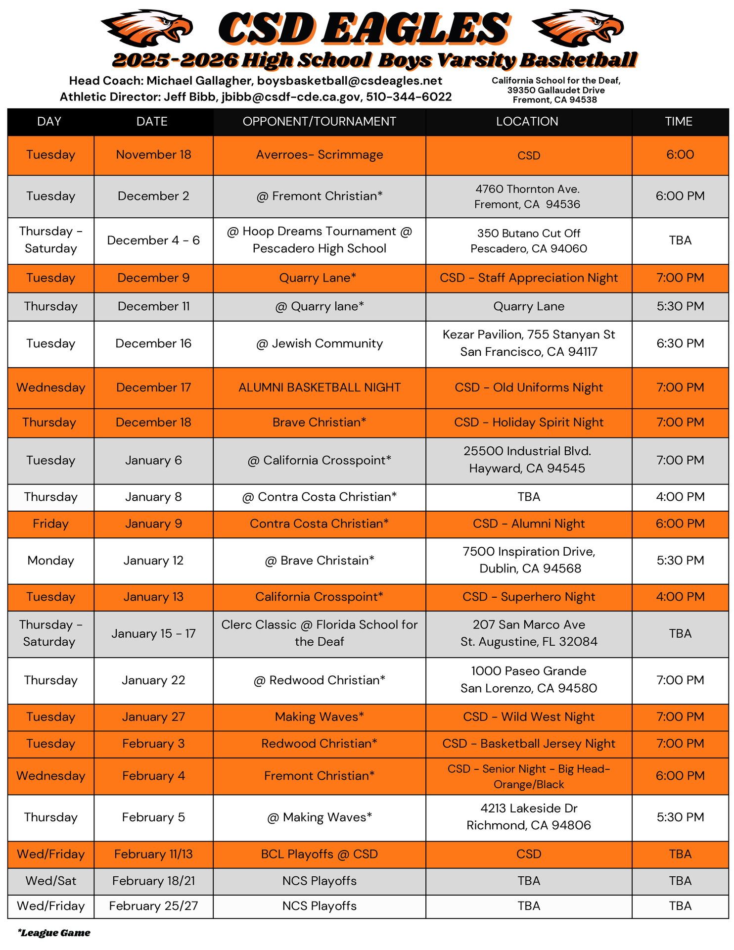 Varsity Boys Basketball Schedule - click on image for readable schedule