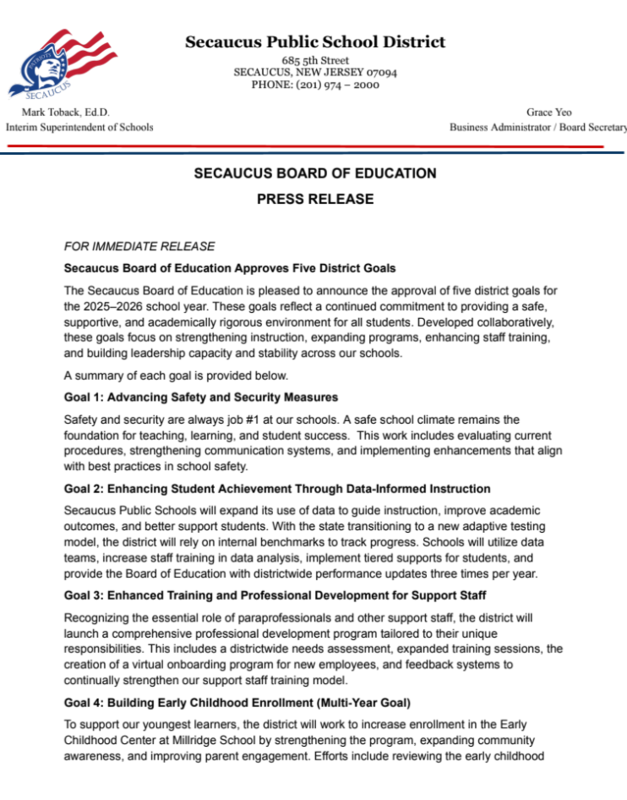 Superintendent Toback on District Goals