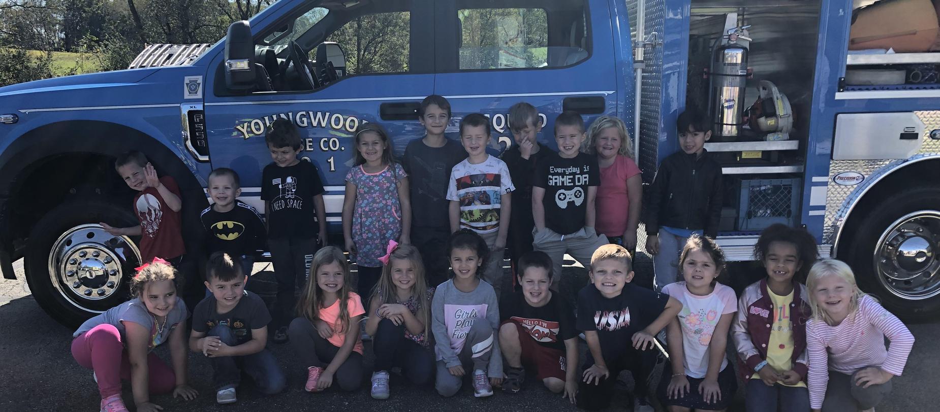 students and fire truck