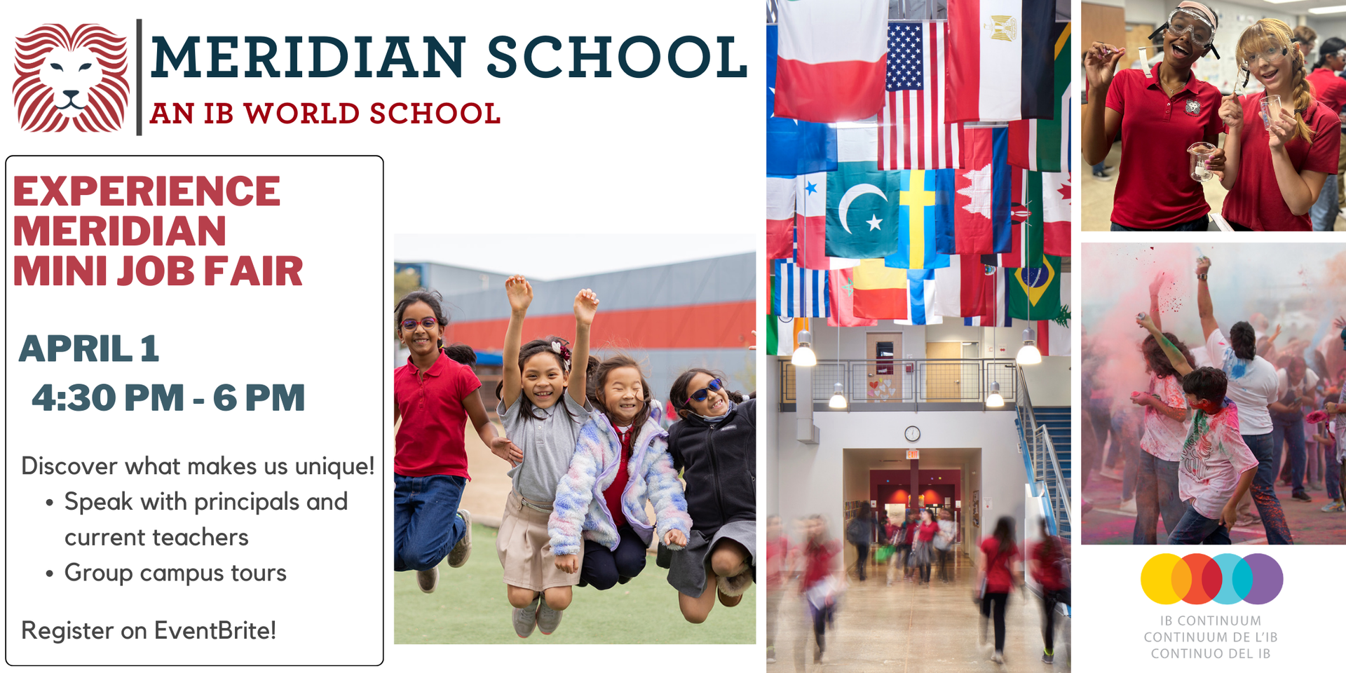 Meridian Job Fair: students jump on the playground, throw color powder in the air, show a science experiment, and walk in a hall with country flags