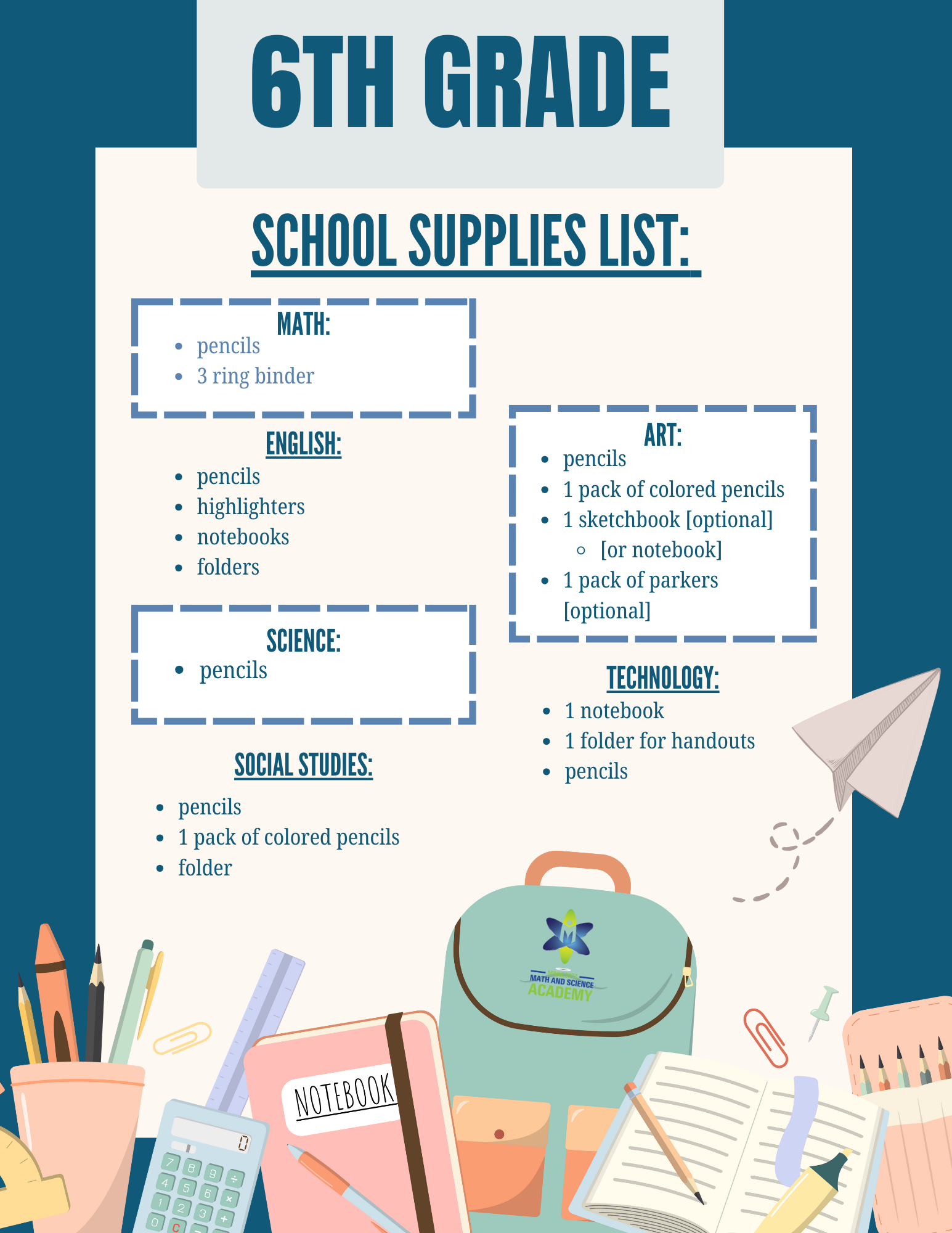 6th grade school supplies list