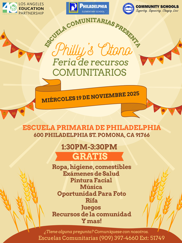 Community School presents: Philly's Fall Community Resource Fair - 11.19.25- Spanish text