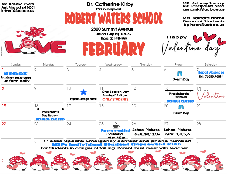 Robert Waters School February 2025 Calendar