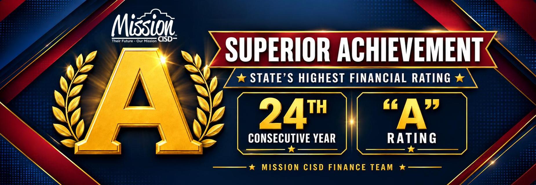 Mission CISD Finance Team graphic celebrating Superior Achievement: State's Highest Financial Rating, receiving an "A" rating for the 24th consecutive year.