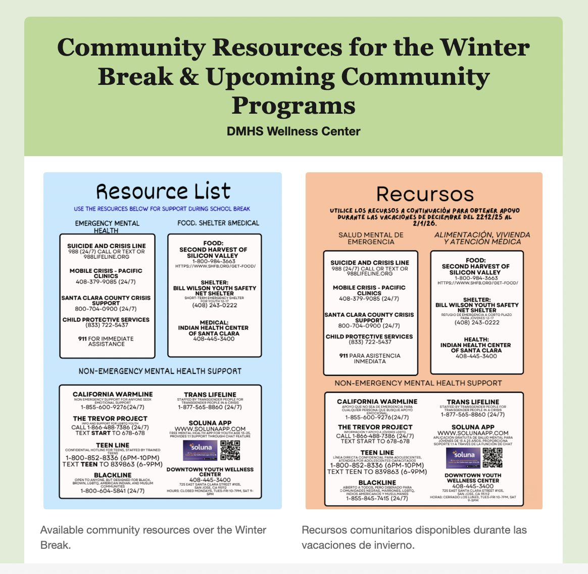 wellness center holiday resources for families