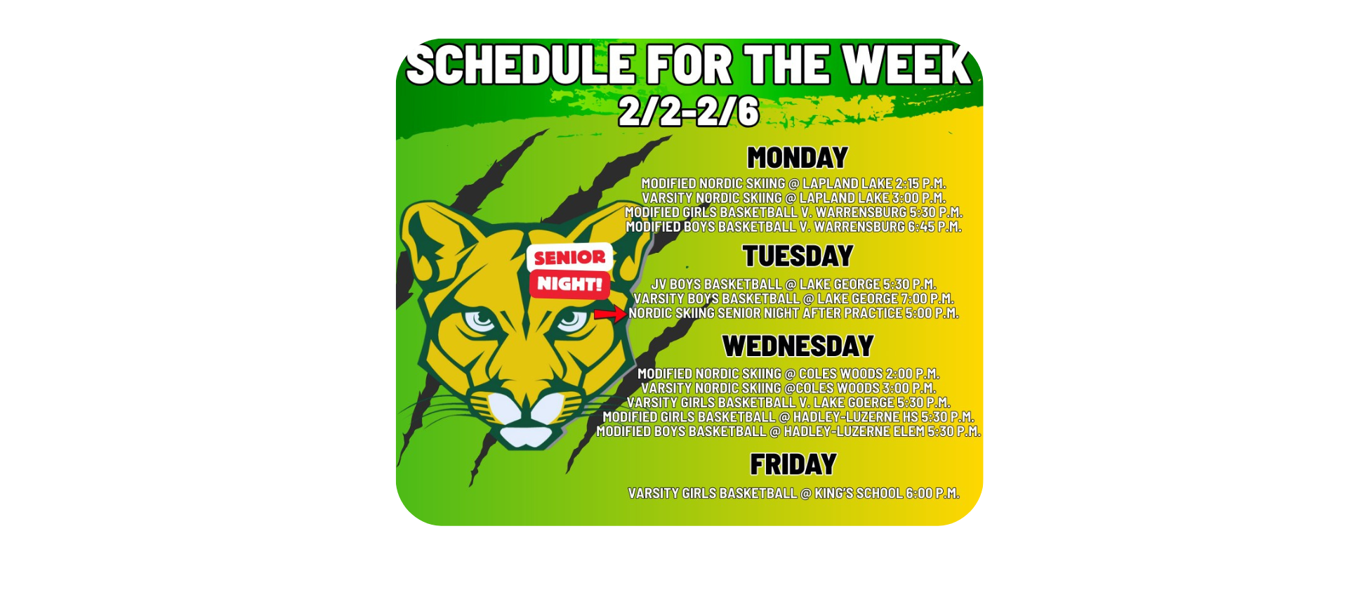 Schedule for the week @ North Warren CSD