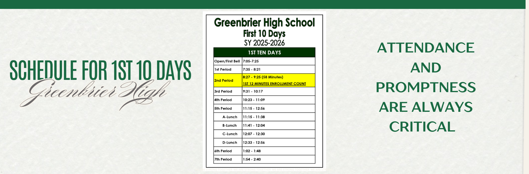 Schedule for the first 10 days of Greenbrier High School, highlighting class periods.