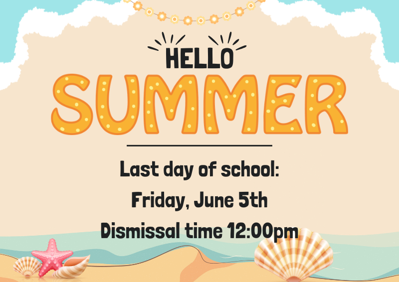 Cartoon beach background with big text that says "Hello Summer"