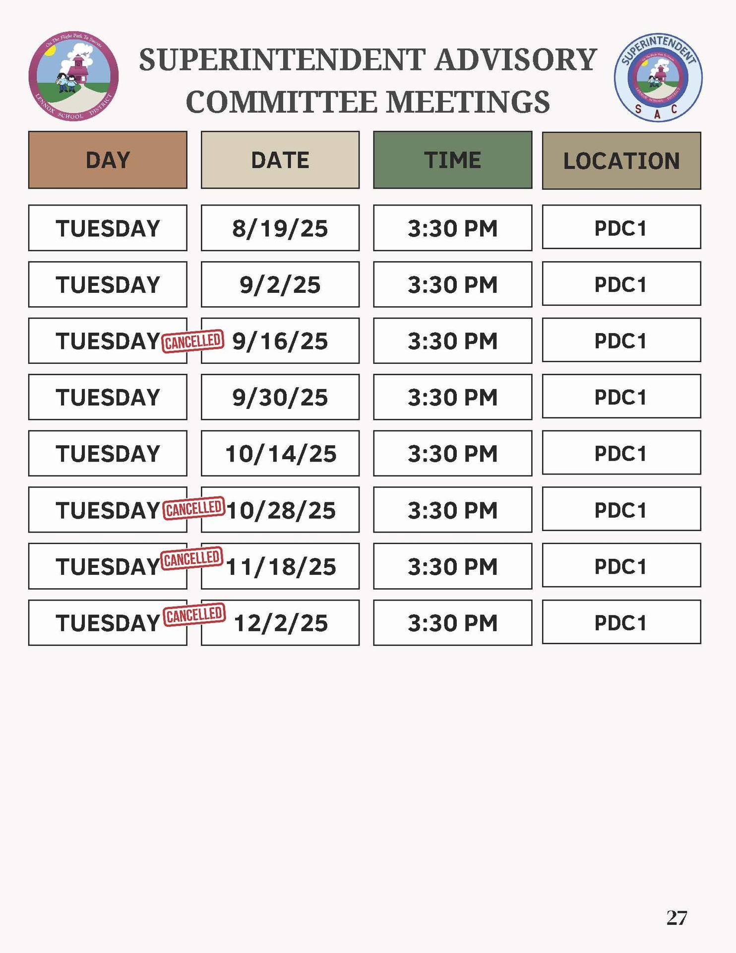 SAC Meeting Schedule 