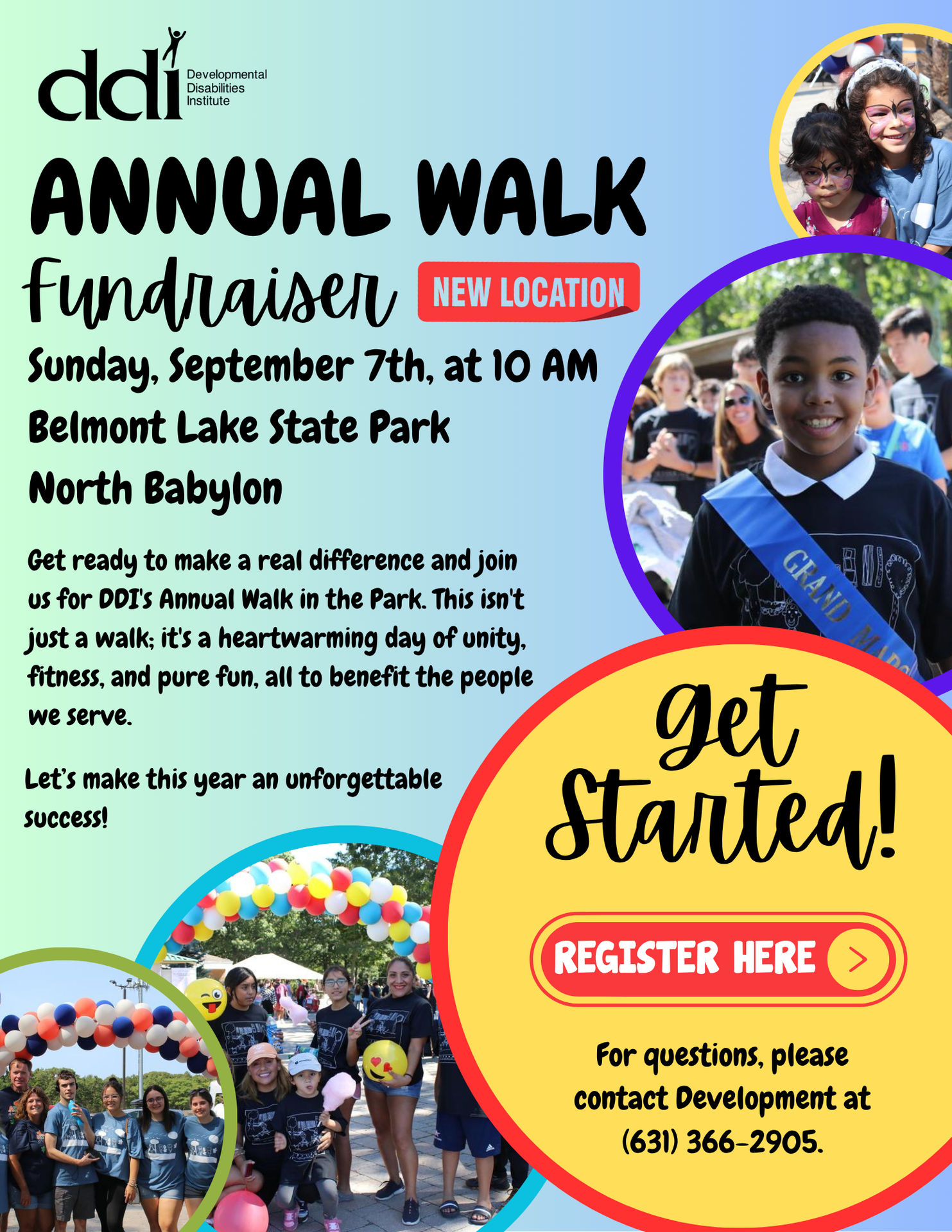 DDI Annual Walk Fundraiser flyer; colorful circles with photos of walk participants inside; Sunday, September 7th, at 10 AM; Belmont Lake State Park