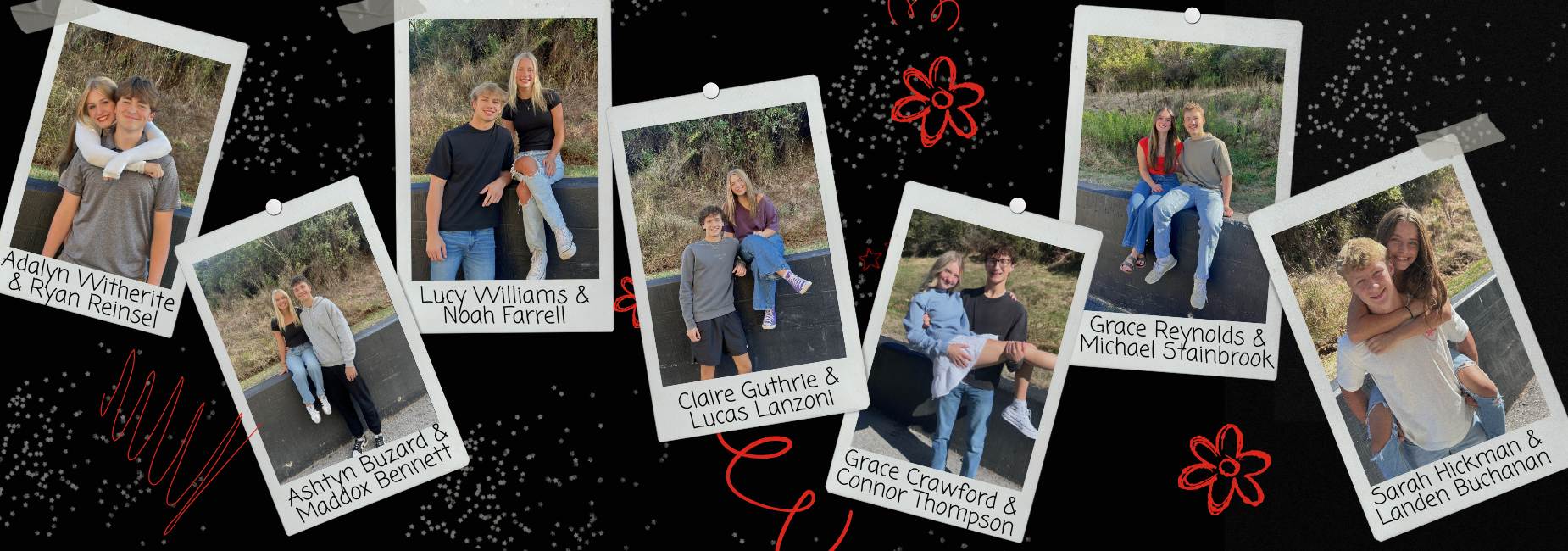 Collage of couples posing together outdoors with a decorative border for homecoming court.