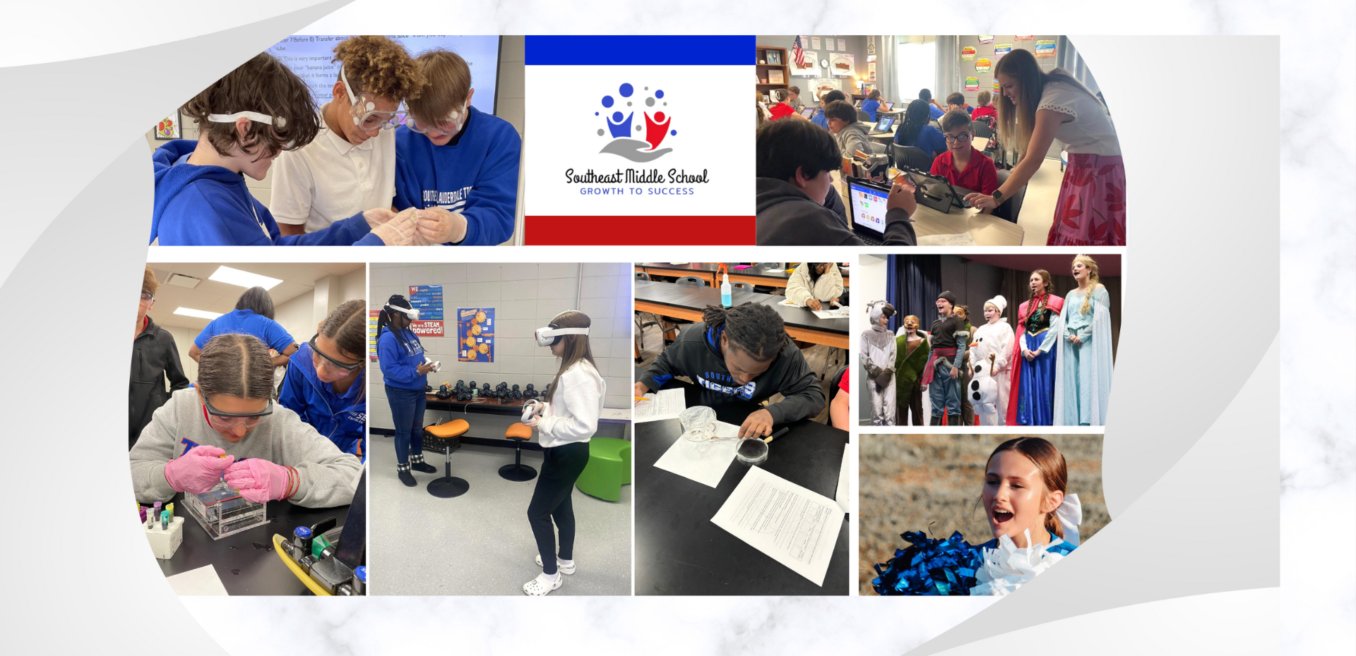 Students engaged in various activities, including science experiments, using technology, and performing arts.