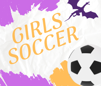 Girls Soccer with an illustration of a soccer ball and orange and purple paint streaks