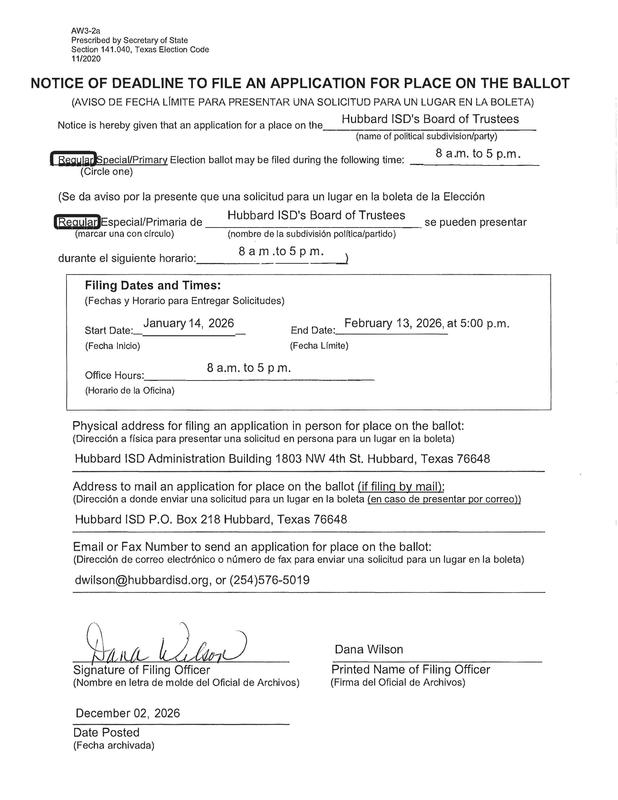 Notice of Deadline to File an Application for Place on the Ballot