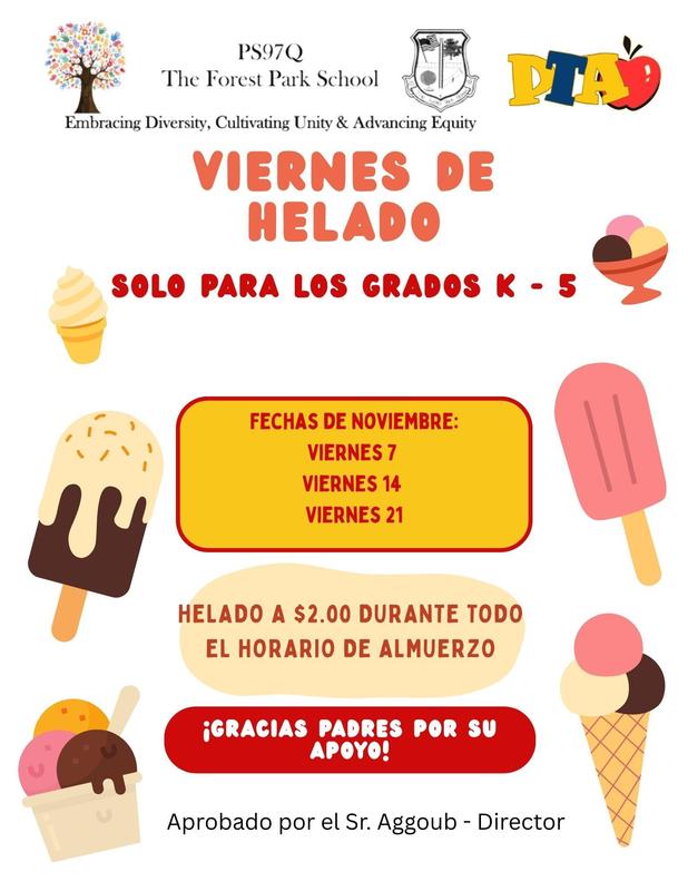 Ice cream viernes event flyer with vibrant ice cream illustrations in Spanish.