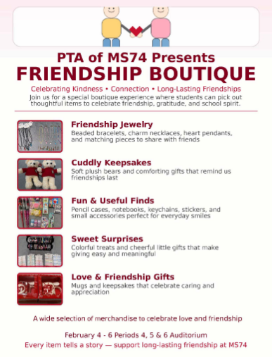 A flyer explaining what the PTA will be selling during friendship boutique week.