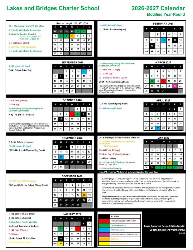 2026-2027 School Calendar - Board Approved Revised Calendar on 3-2-26