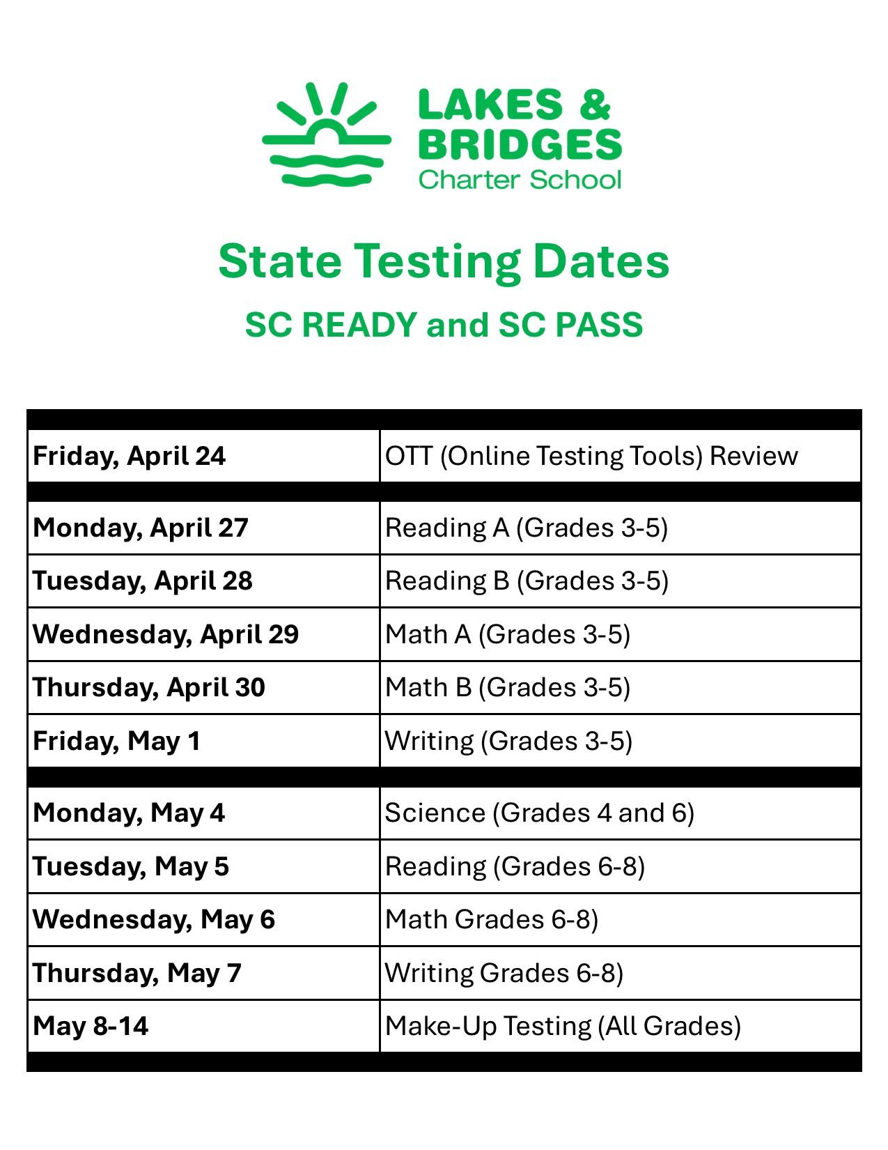 Spring 2026 State Testing Schedule