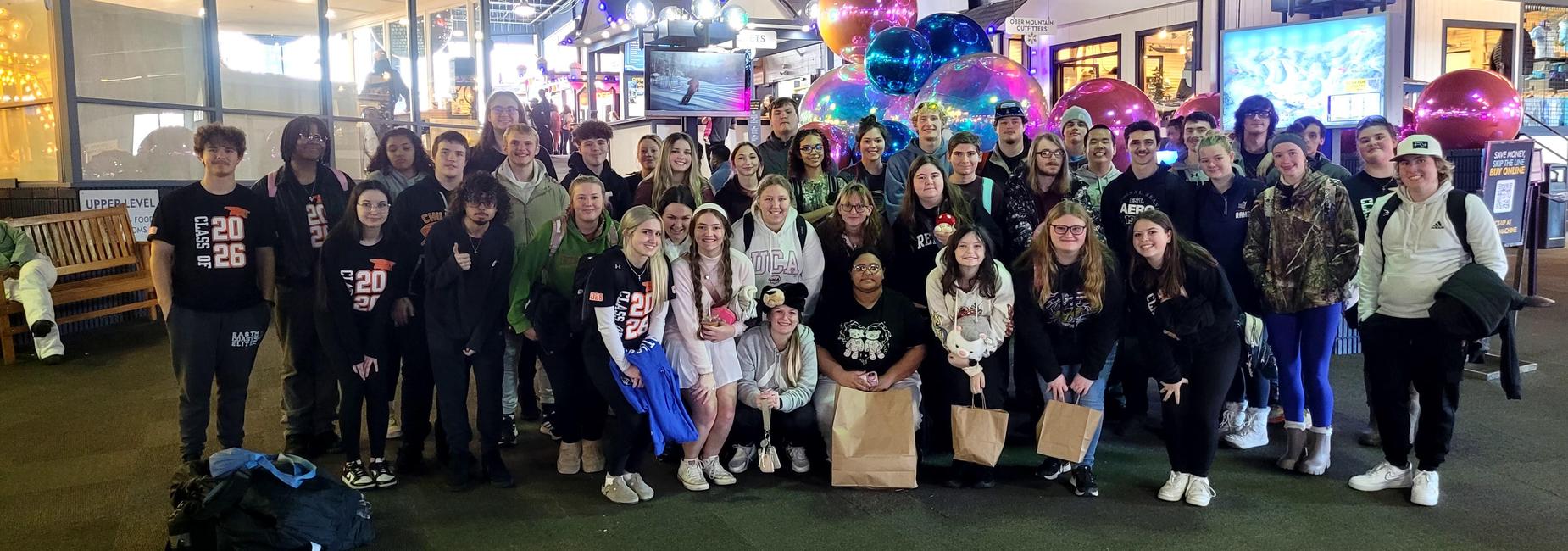 Students posing in three rows during senior trip